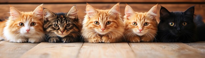 A charming lineup of five adorable cats featuring various fur patterns and colors, captured in warm natural light.