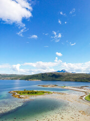 Norway natural landscape in the north, Norland, Hamaroy area. Beautiful aerial landscape of Northern Norway with sea and mountains in Scandinavia by drone