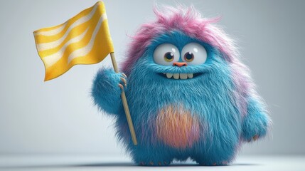 3D rendering of a colorful hairy yeti cartoon character holding a wavy flag. Funny furry toy mockup isolated on white background for protest.