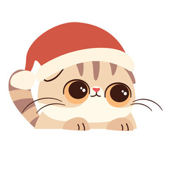 Cute illustration in childish style on white background. Cute kitten in Santa Claus hat looks out from behind him banner . Vector illustration