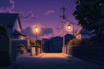 Fototapeta premium Peaceful suburban lane with dimly lit pathways and a cozy, nighttime ambiance. Cozy vibe, Generative AI