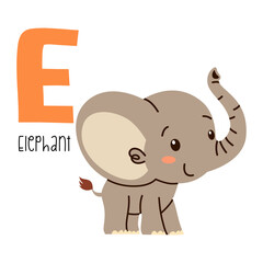 Cute flat vector illustration. Cute elephant and letter E. Animals and letters of alphabet . Vector illustration