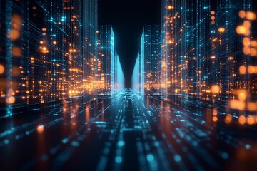 Obraz premium A futuristic network hub, with digital data streams, circuit board patterns, and glowing nodes.