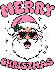 Merry Christmas Quotes with Cool Fun Pink Santa head with Heart-Shaped Sunglasses Clipart sublimation for decorate invitation greeting celebration card poster sticker party craft project background