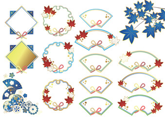 秋の和風フレームセット、紅葉、青、かわいい、イラスト、アイコン