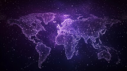 Obraz premium Abstract image of a world map in the form of a starry sky or space, consisting of points, lines, and shapes in the form of planets, stars and the universe. World vector wireframe concept