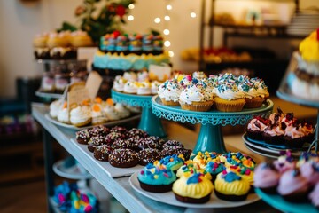A home bakery with a colorful display of cakes and cookies. The baker is arranging items on a counter for a special event, Generative AI