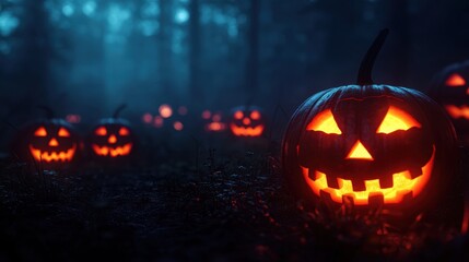 Naklejka premium Enchanted Foggy Moor with Glowing Jack-O-Lanterns Leading the Way - Haunting Halloween Background with Copy Space