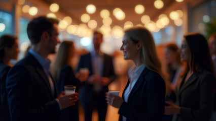 A blurred shot of business people networking at an office party with soft lighting and bokeh effects creating a warm social atmosphere