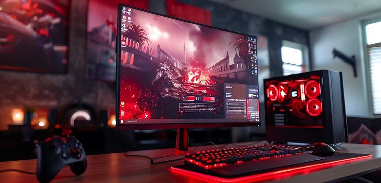 Close-up of RGB monitor with red lights, sleek gaming room