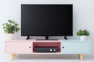 Fototapeta premium Modern living room setup featuring a stylish TV stand, plants, and an empty screen ready for entertainment.