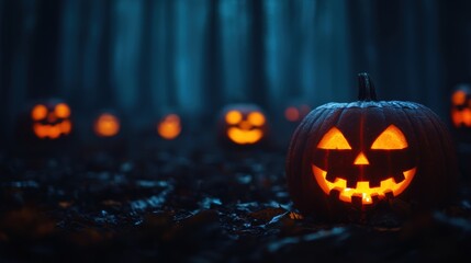 Illuminated Jack-O'-Lanterns in Mysterious Enchanted Forest with Eerie Mist - Halloween Spooky Background