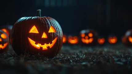 Glowing Rustic Jackolanterns in a Countryside Barn | Halloween Harvest Decor with Copy Space