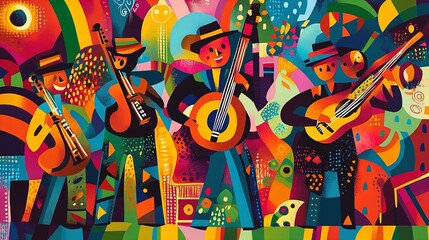 Obraz premium Cheerful Musicians with Traditional Instruments: Vibrant Abstract Background Perfect for Sports Room Décor or Cultural Event Posters!