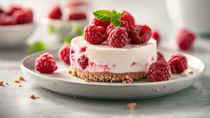 A photorealistic image of a raspberry cheesecake with raspberry compote.
