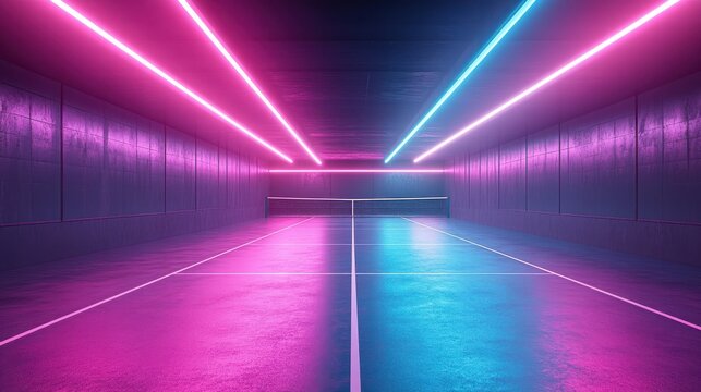 Neon tennis court scheme rotating playground virtual plan spinning sport game perspective pink blue glowing lines on black background looping animation continuous sequence