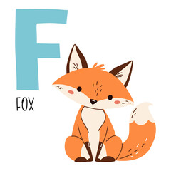 Cute flat vector illustration. Cute fox and letter F. Animals and letters of alphabet . Vector illustration