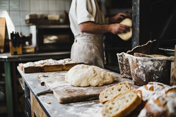 A home-based bakery kitchen with a baker preparing to make a batch of artisan bread. Ingredients are spread out on the counter, Generative AI