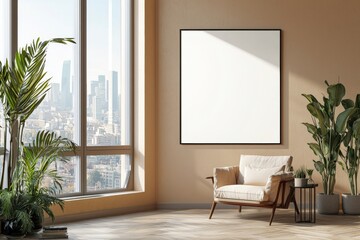 Poster Frame in Beige minimalist living room interior created with generative AI
