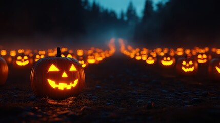Enchanting Jack-o'-lantern Pathway Through Mysterious Fog-Covered Forest