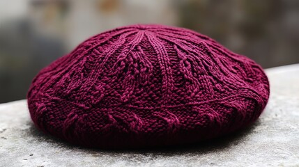 Fototapeta premium Chic Vintage-Inspired Burgundy Knitted Beret: Perfect for Autumn Fashion - Ideal Poster for Cozy Interiors