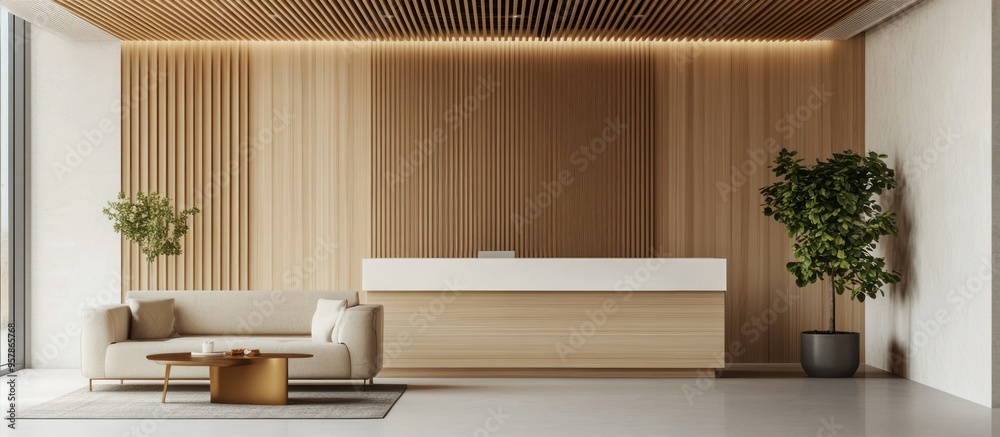 Poster modern minimalist office reception area with wood paneling and a white countertop