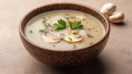 Mushroom soup in a wooden bowl 