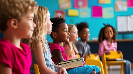 Fototapeta na wymiar A diverse group of children sitting attentively in a colorful classroom, ready for engaging learning activities.