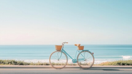Fototapeta premium A light blue vintage bicycle with pastel-colored flowers in the front basket