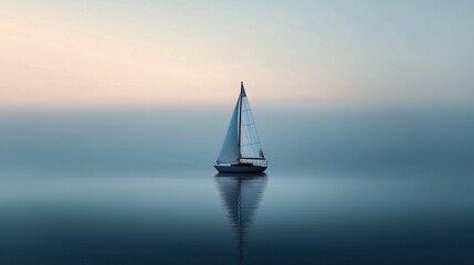 A single sailboat floating and sailing on water