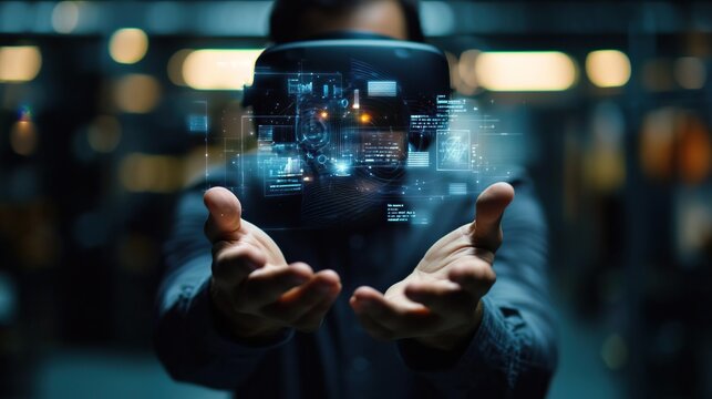 A person engaging with virtual reality technology, showcasing futuristic graphics and immersive digital interaction.