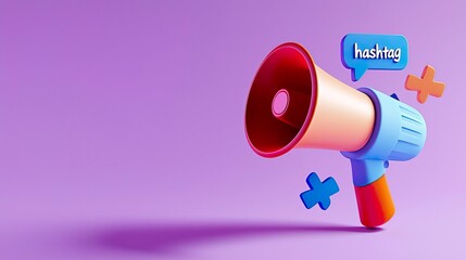 A colorful megaphone with a hashtag on a vibrant purple background, symbolizing communication and social media engagement.