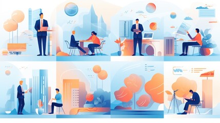 Business and Office Scenes with Professionals in Modern Work Environments and Outdoor Settings