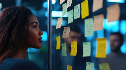 A focused woman examines colorful sticky notes on a glass wall, symbolizing brainstorming and collaboration in a modern workspace.