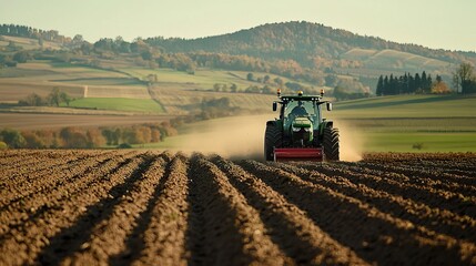 Fototapeta premium A tractor plows a sunlit field, creating rows of freshly turned soil, surrounded by rolling hills and a clear blue sky.