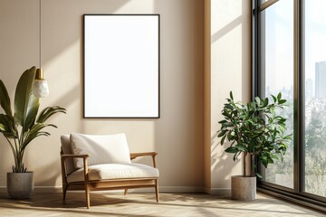 Poster Frame in Beige minimalist living room interior created with generative AI
