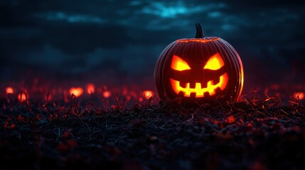 Eerie Giant Jack-o'-Lantern in Dark Landscape with Copy Space, Selective Focus | Ultra HD Halloween Image