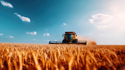 Obraz premium A vibrant landscape showcasing a combine harvester navigating through golden wheat fields under a clear blue sky.