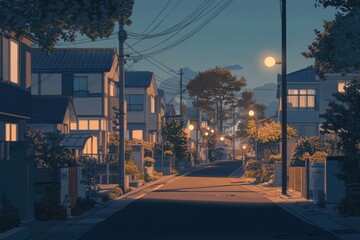 Fototapeta premium Serene suburban street with soft moonlight casting gentle shadows on the pavement. Cozy vibe, Generative AI