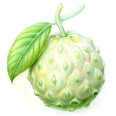 A detailed. hand drawn illustration of a Noni fruit with a single green leaf. perfect for botanical. health. or food & beverage projects.
