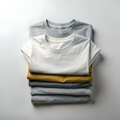 A stack of neatly folded T shirts in gray. white. and yellow. perfect for showcasing your brand's apparel or promoting a minimalist lifestyle.