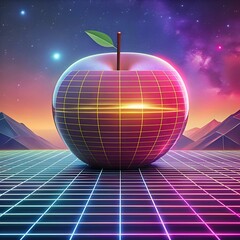 A futuristic. 3D illustration of an apple rendered in a retro 80s style.