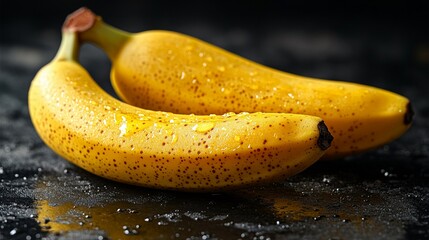 Freshly Ripe Bananas: A close-up of two yellow bananas with water droplets on a black background. This image evokes a sense of freshness, natural beauty, and health. It's perfect for illustrating topi
