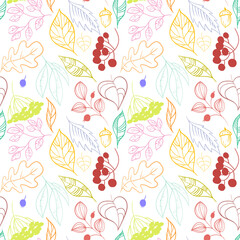 Autumn decorative seamless pattern with seasonal elements, acorns, plants, leaves, berries, herbs. Vector