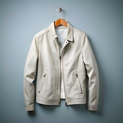 A classic off white leather jacket hanging on a wooden hanger against a soft blue background.