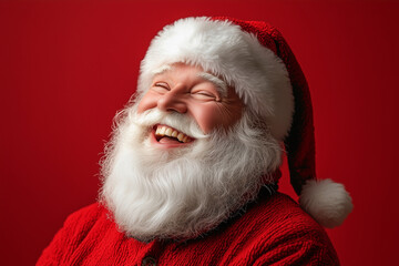  smiling man in a red Santa hat and red sweater. He is smiling and laughing