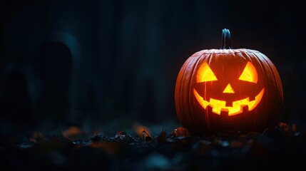 Naklejka premium Spooky Glowing Jack-o'-Lantern in Eerie Graveyard Setting with Copy Space, Ultra HD