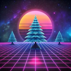 A retro futuristic 3D illustration featuring three pine trees on a glowing grid. under a glowing sunset and a starry sky.