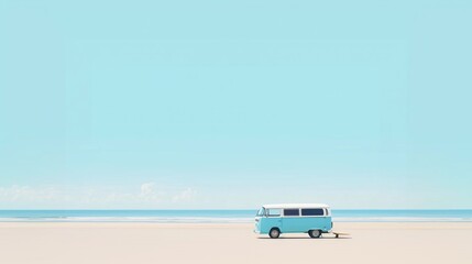 Blue van on a sandy light blue beach background
