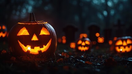 Eerie Glowing Jack-o'-Lanterns in Spooky Halloween Graveyard at Night with Copy Space, Selective Focus (Ultra HD)